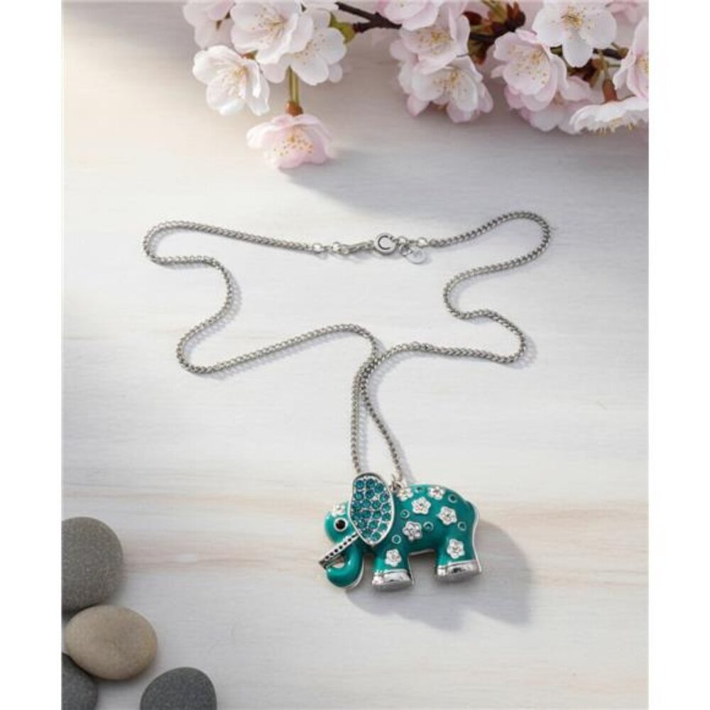 C1946 Green Crystal Enamel Elephant Pendant Necklace Silver Tone 33 In Floral